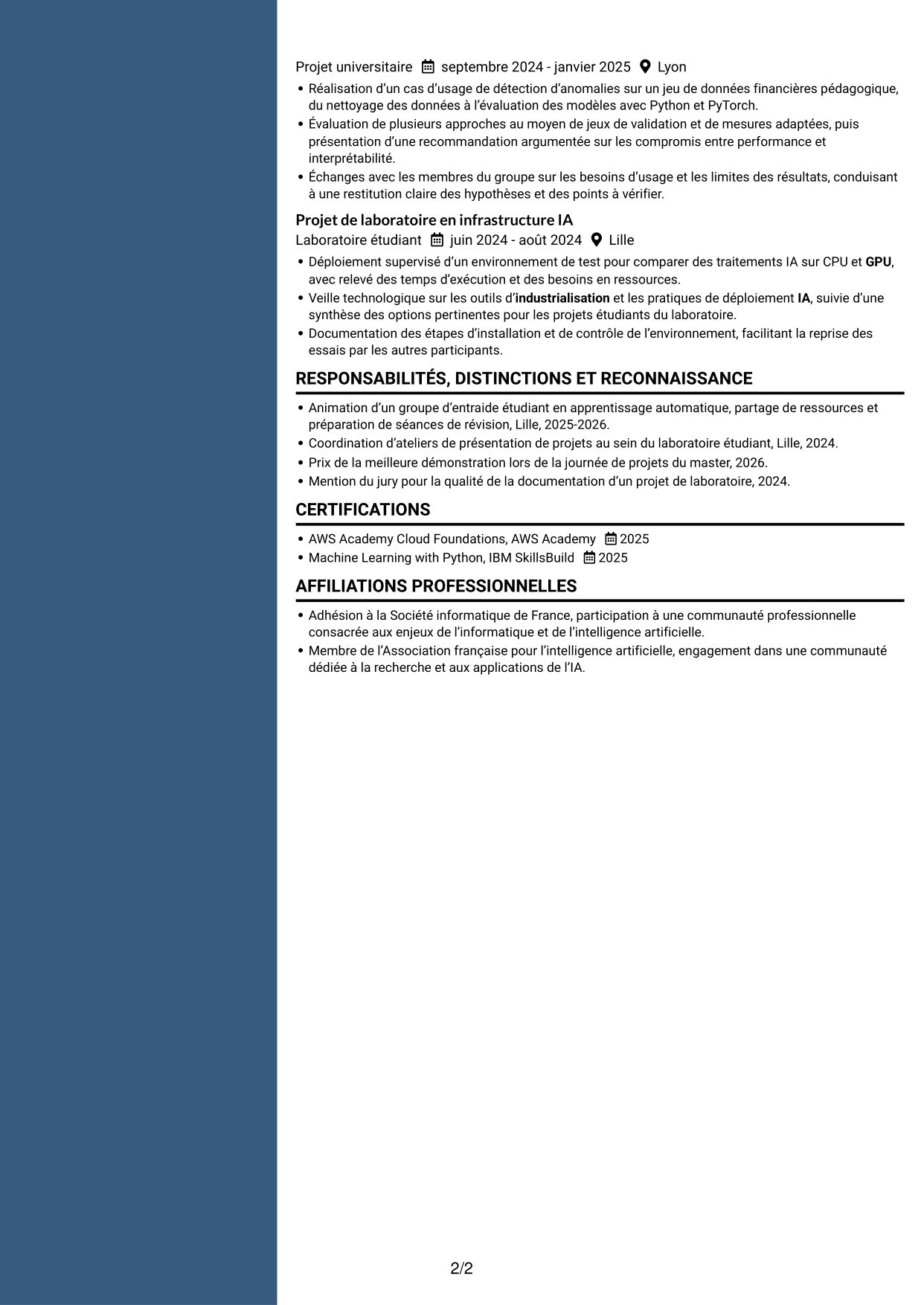 CV Élégant (format à colonne latérale colorée avec photo) : Ingénieur IA junior - Industrialisation de l’IA, page 2