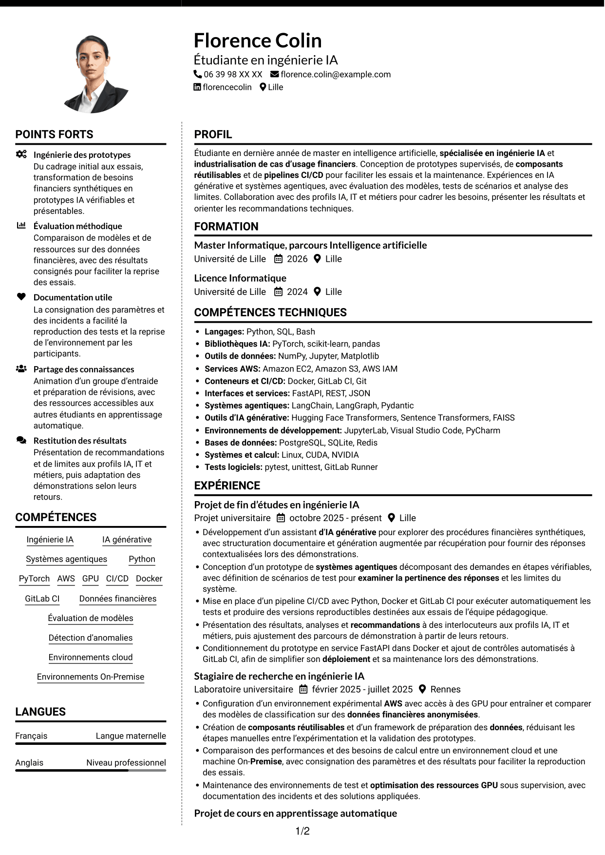 CV Moderne (format à deux colonnes avec photo à gauche et séparateur) : Ingénieur IA junior - Industrialisation de l’IA, page 1