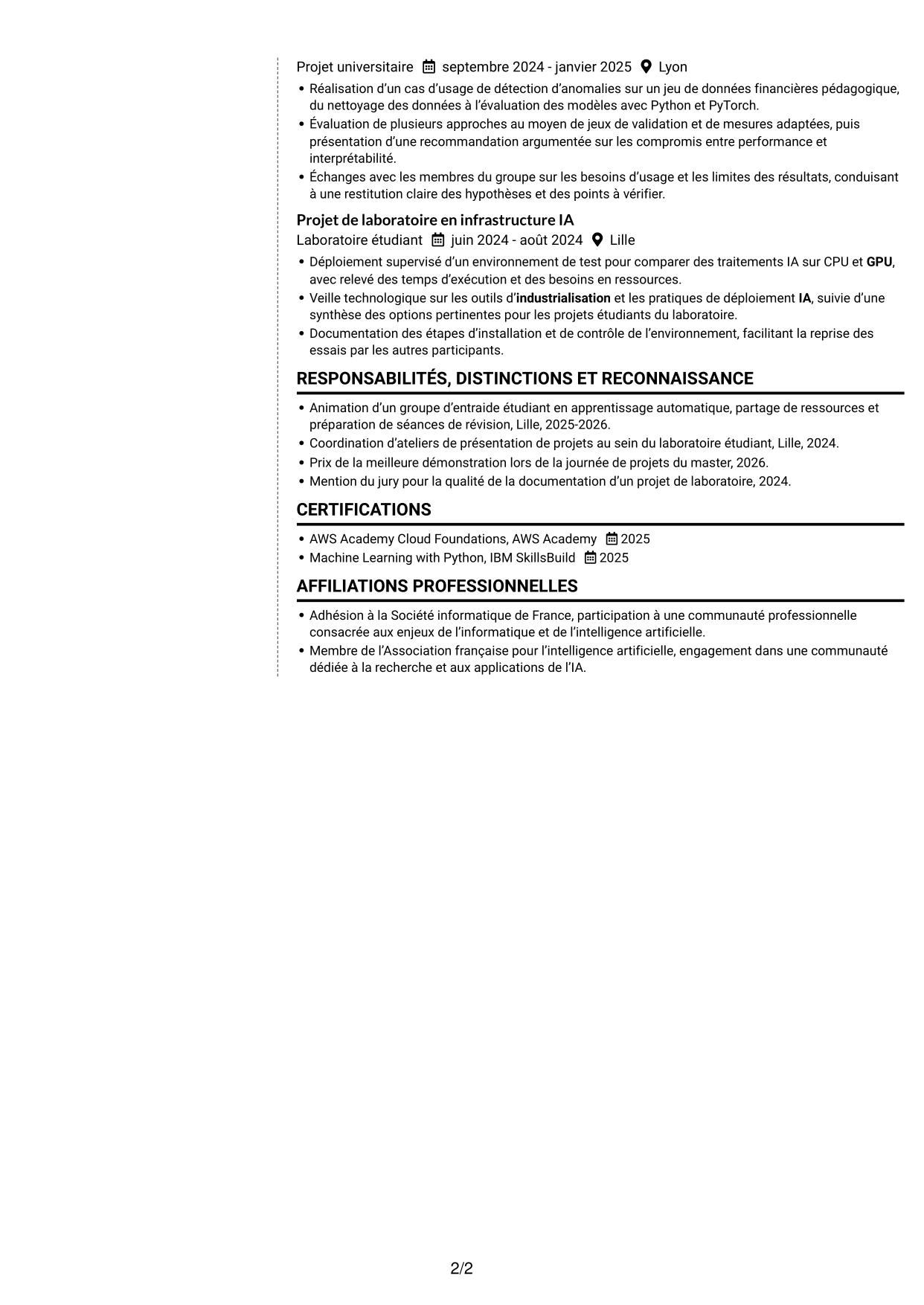 CV Moderne (format à deux colonnes avec photo à gauche et séparateur) : Ingénieur IA junior - Industrialisation de l’IA, page 2