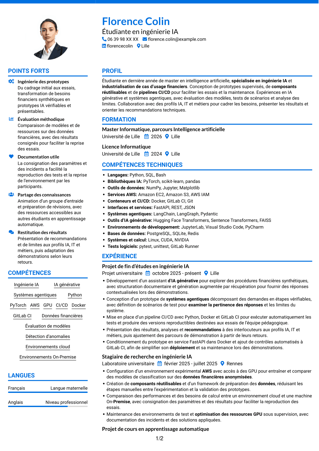 CV Audacieux (format à deux colonnes avec accents colorés et photo) : Ingénieur IA junior - Industrialisation de l’IA, page 1