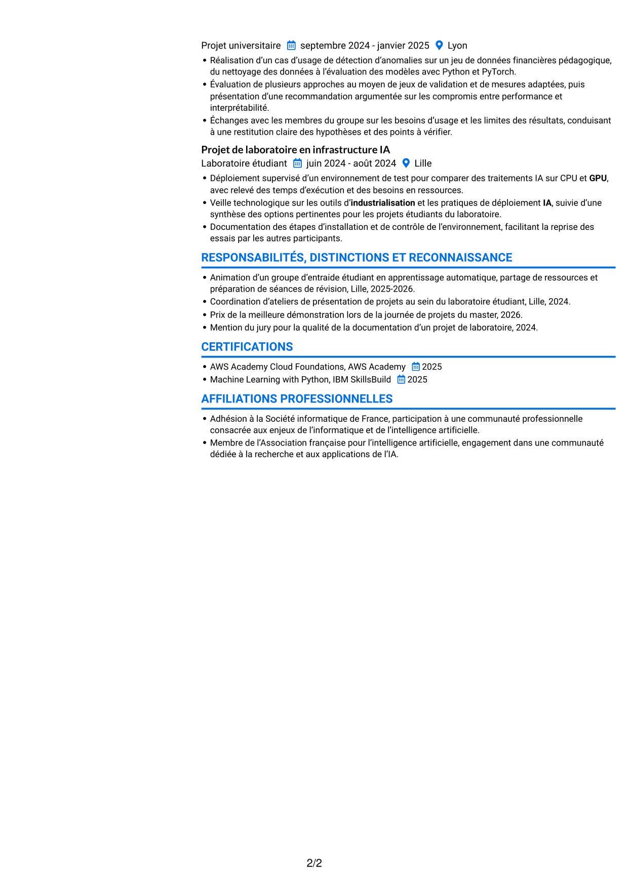 CV Audacieux (format à deux colonnes avec accents colorés et photo) : Ingénieur IA junior - Industrialisation de l’IA, page 2
