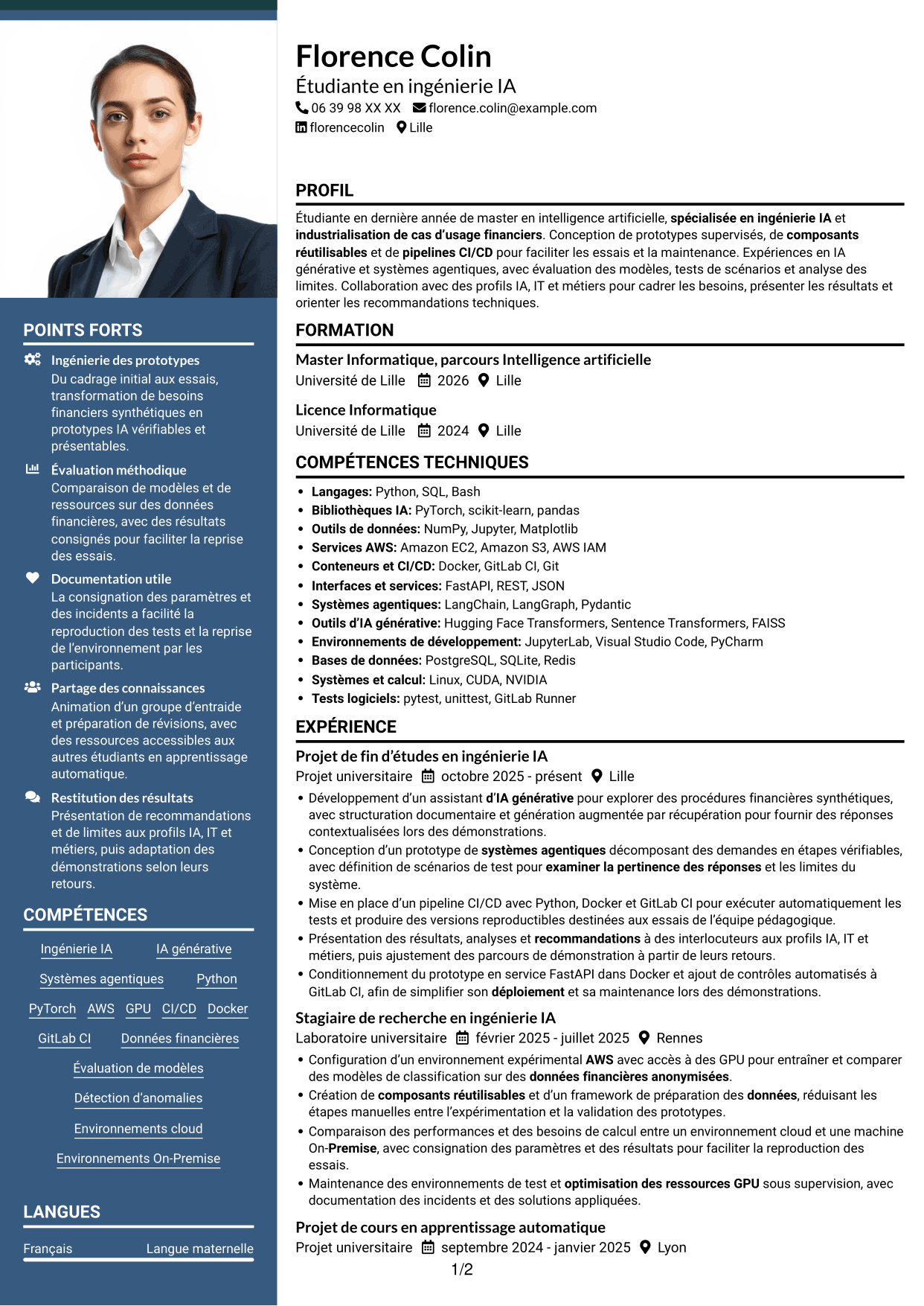 CV Signature (format à colonne latérale colorée avec grande photo) : Ingénieur IA junior - Industrialisation de l’IA, page 1