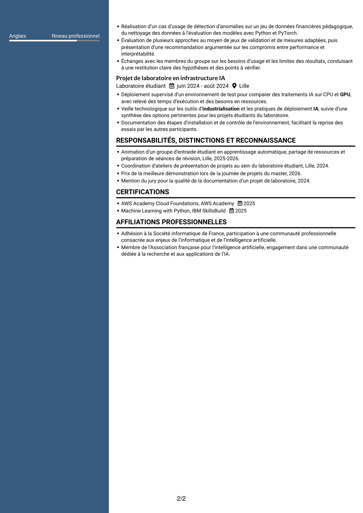 CV Signature (format à colonne latérale colorée avec grande photo) : Ingénieur IA junior - Industrialisation de l’IA, page 2