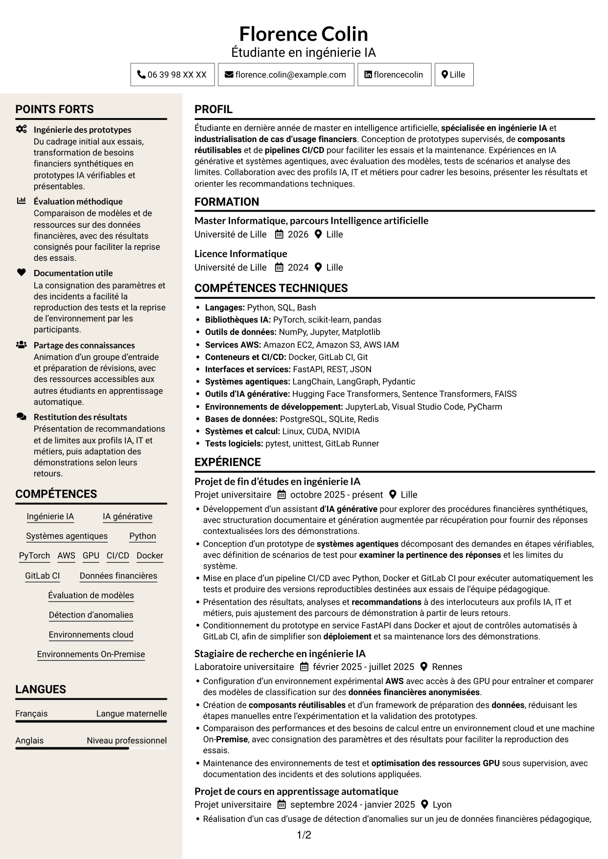 CV Fonceur (format à deux colonnes avec en-tête centré sans photo) : Ingénieur IA junior - Industrialisation de l’IA, page 1