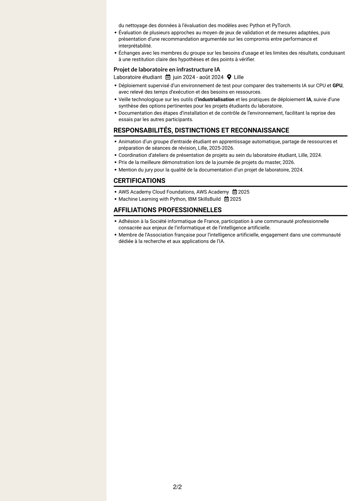 CV Fonceur (format à deux colonnes avec en-tête centré sans photo) : Ingénieur IA junior - Industrialisation de l’IA, page 2