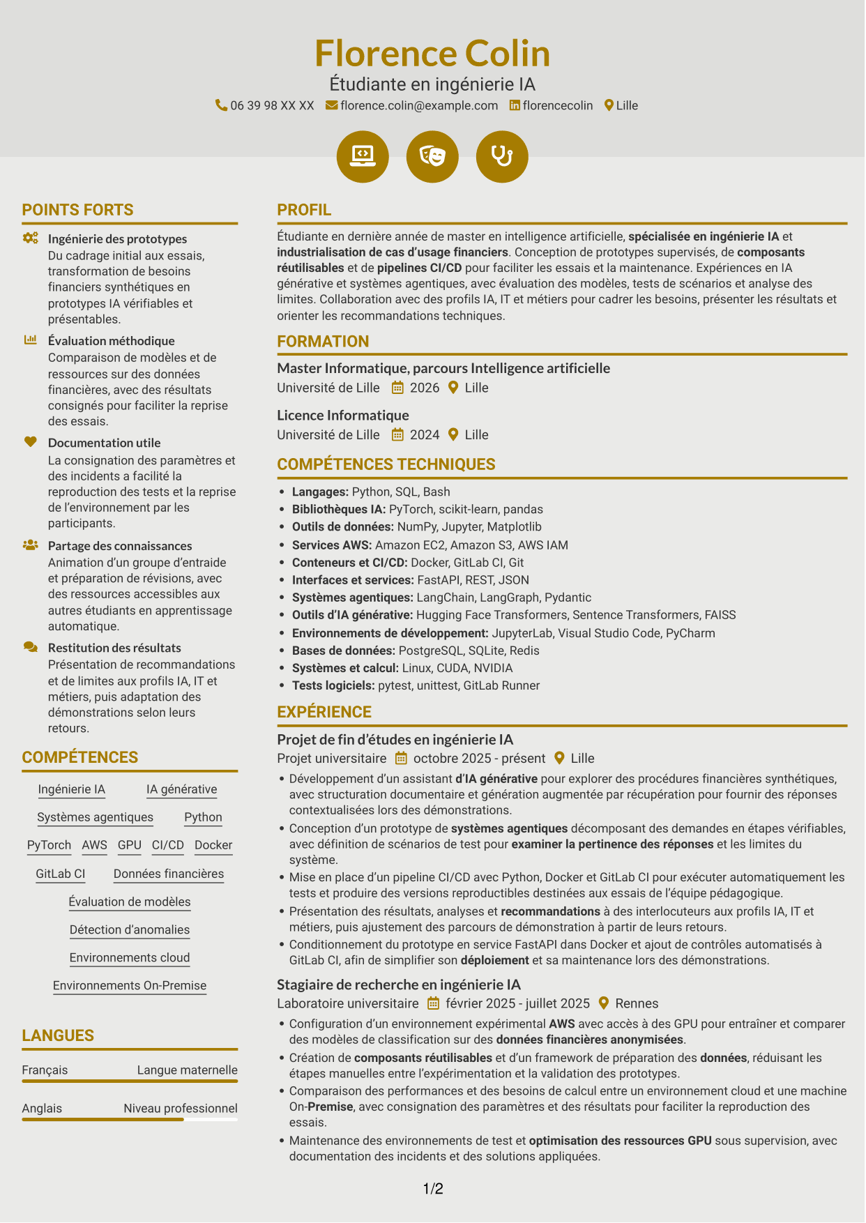 CV Dynamique (format à deux colonnes avec icônes) : Ingénieur IA junior - Industrialisation de l’IA, page 1