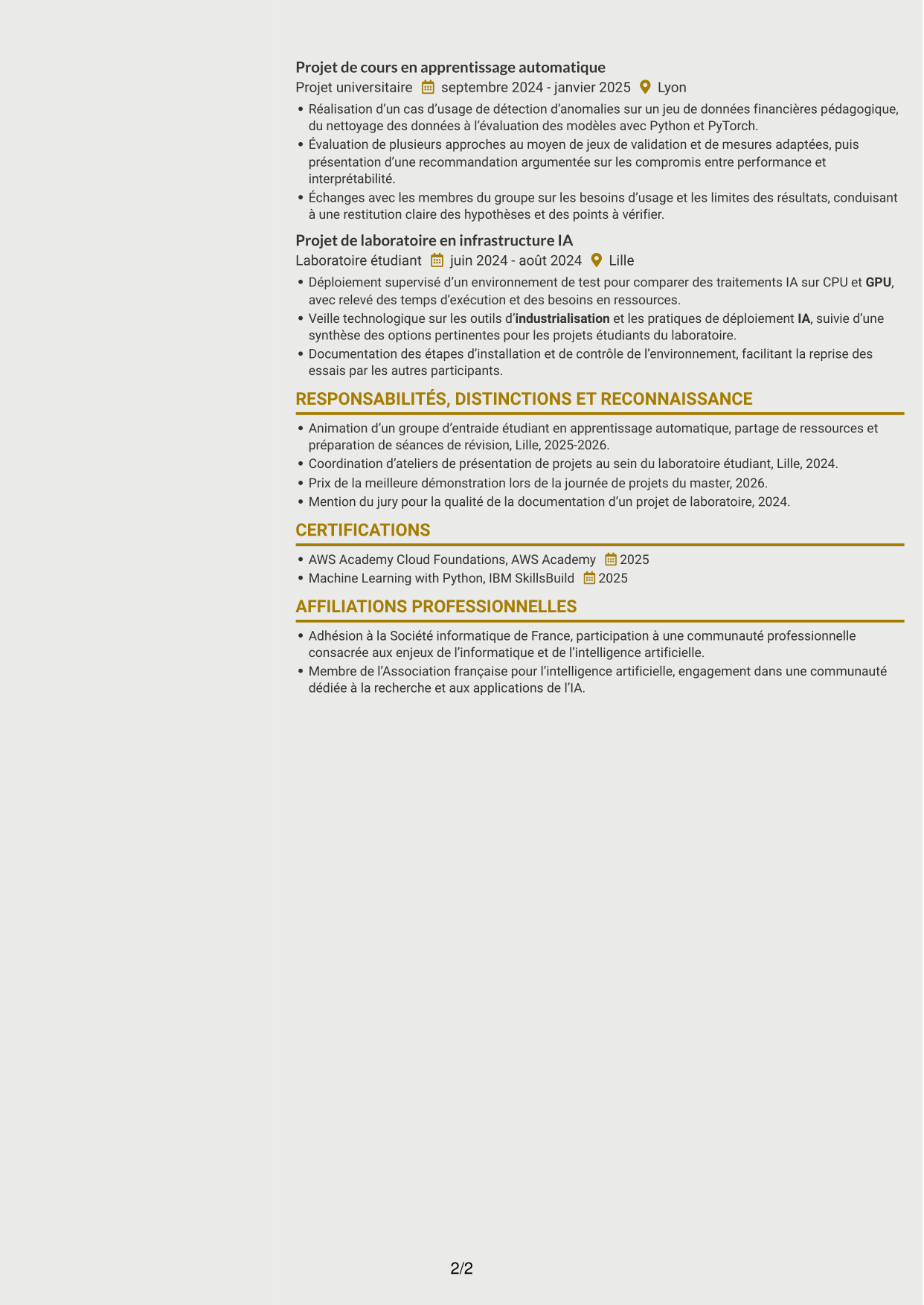 CV Dynamique (format à deux colonnes avec icônes) : Ingénieur IA junior - Industrialisation de l’IA, page 2