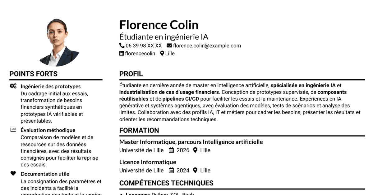 7 modèles de CV pour Ingénieur IA junior - Industrialisation de l’IA, avec exemples