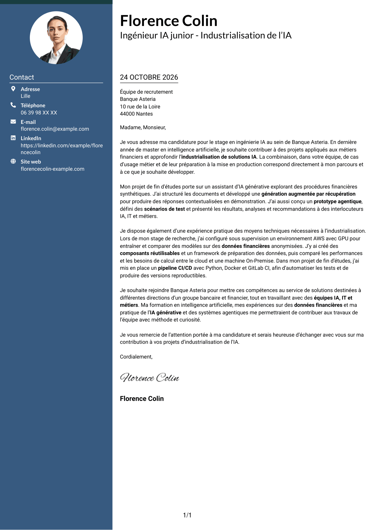 Lettre de motivation Élégant (format à colonne latérale colorée avec photo) : Ingénieur IA junior - Industrialisation de l’IA, page 1