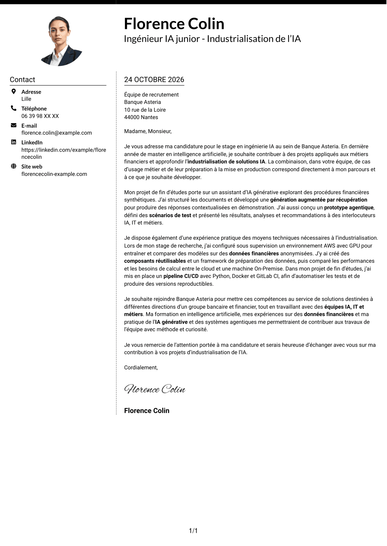 Lettre de motivation Moderne (format à deux colonnes avec photo à gauche et séparateur) : Ingénieur IA junior - Industrialisation de l’IA, page 1