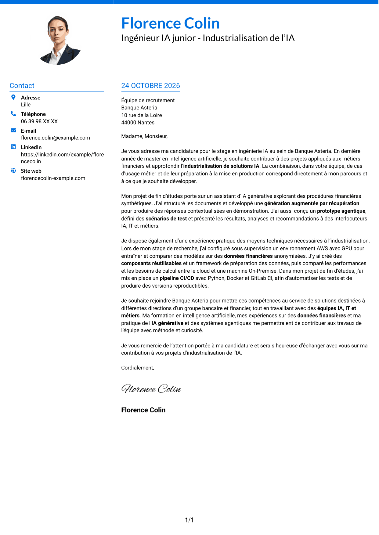 Lettre de motivation Audacieux (format à deux colonnes avec accents colorés et photo) : Ingénieur IA junior - Industrialisation de l’IA, page 1