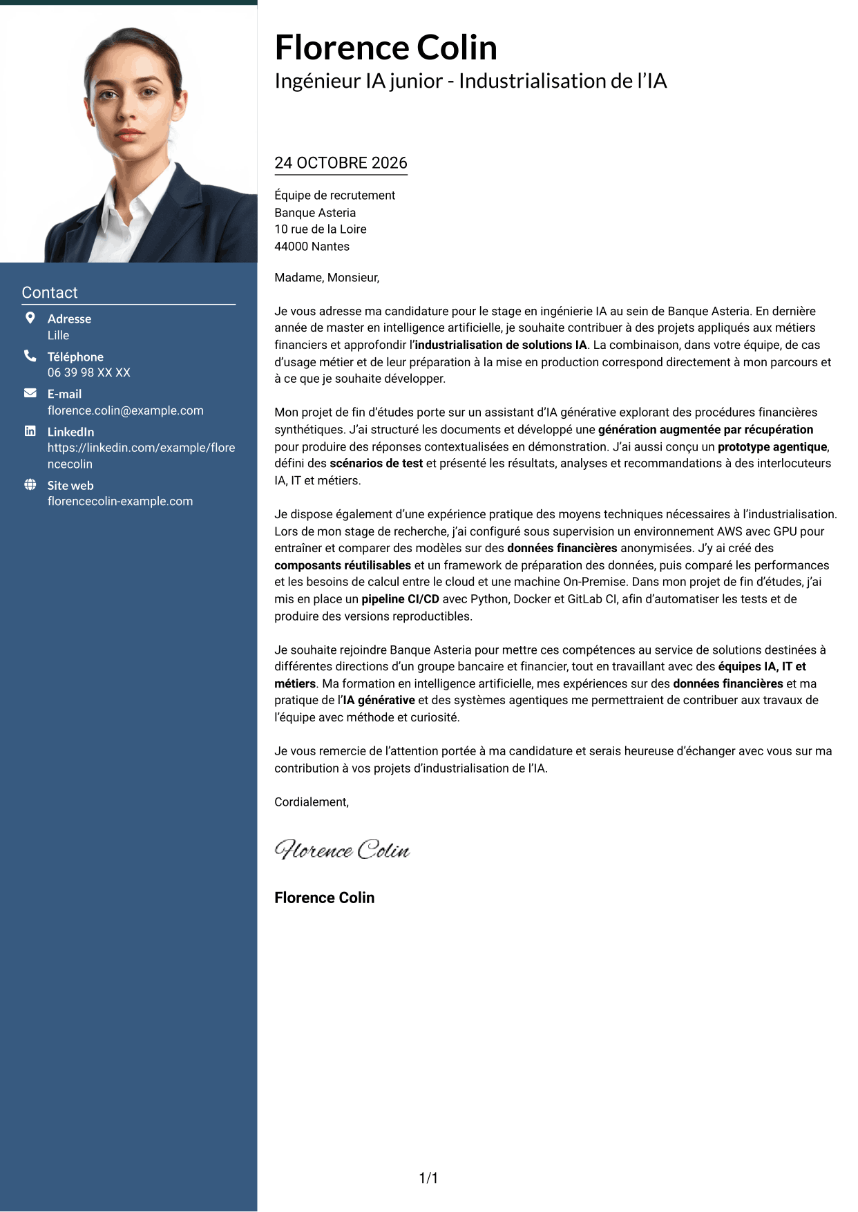 Lettre de motivation Signature (format à colonne latérale colorée avec grande photo) : Ingénieur IA junior - Industrialisation de l’IA, page 1