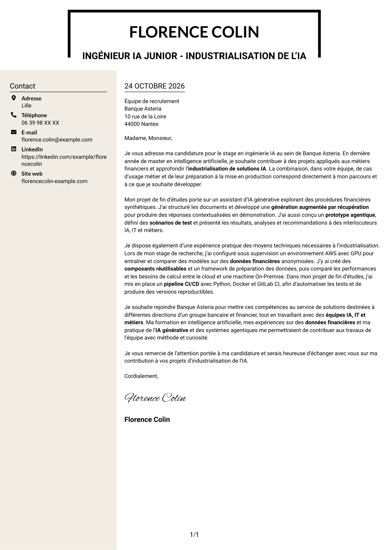 Lettre de motivation Fonceur (format à deux colonnes avec en-tête centré sans photo) : Ingénieur IA junior - Industrialisation de l’IA, page 1