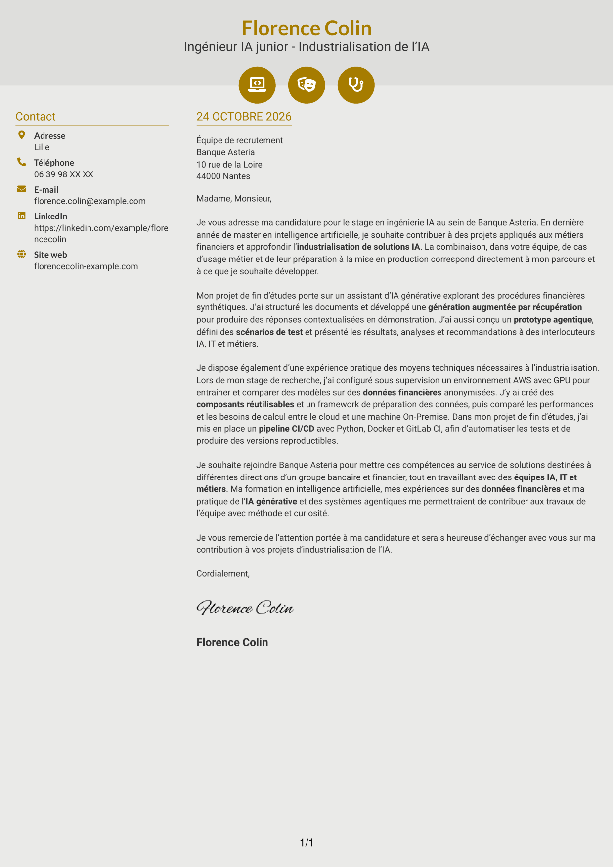 Lettre de motivation Dynamique (format à deux colonnes avec icônes) : Ingénieur IA junior - Industrialisation de l’IA, page 1