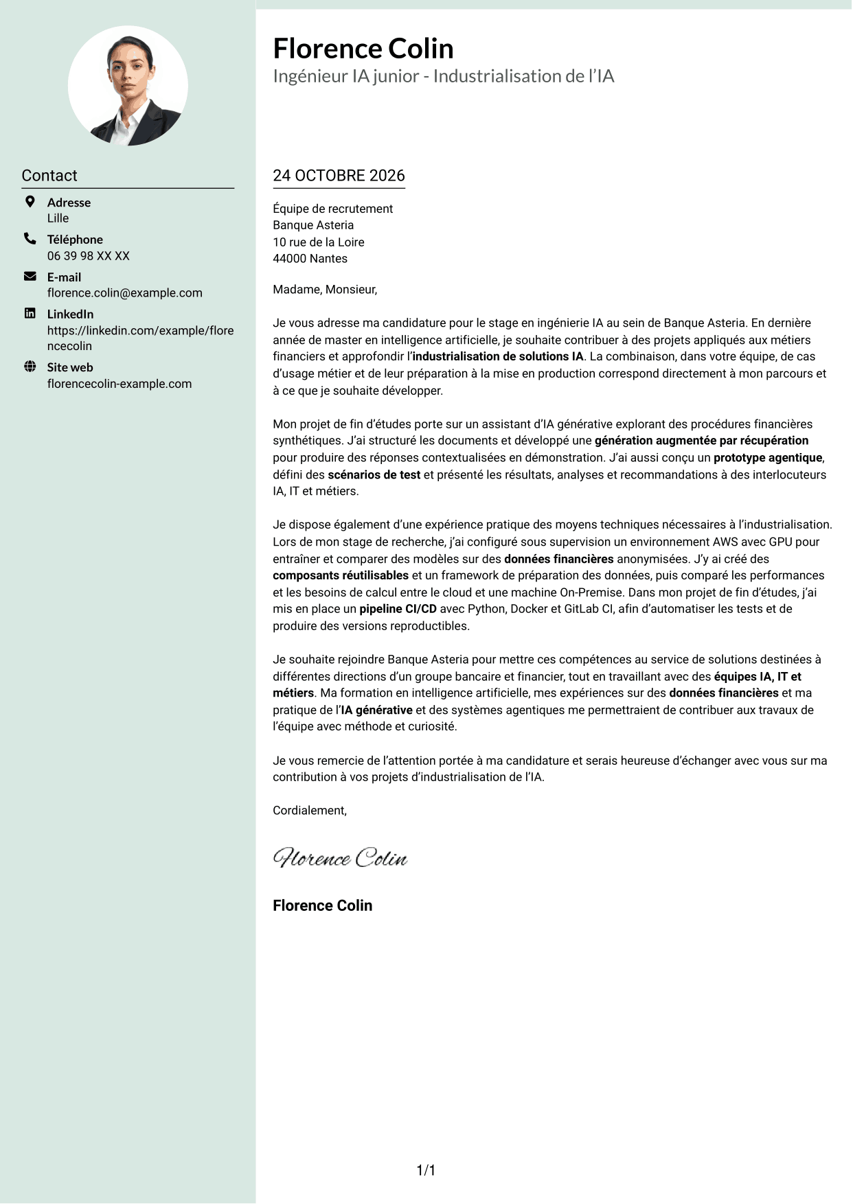 Lettre de motivation Cadre (format à colonne latérale douce avec photo arrondie) : Ingénieur IA junior - Industrialisation de l’IA, page 1