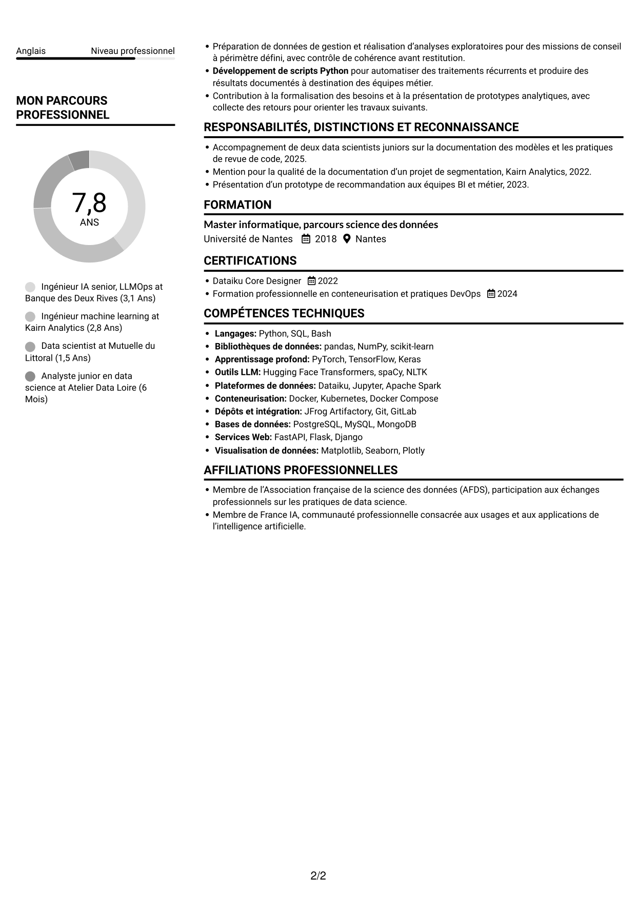 CV Compact (format sobre à deux colonnes avec photo) : Ingénieur IA - LLMOps, page 2