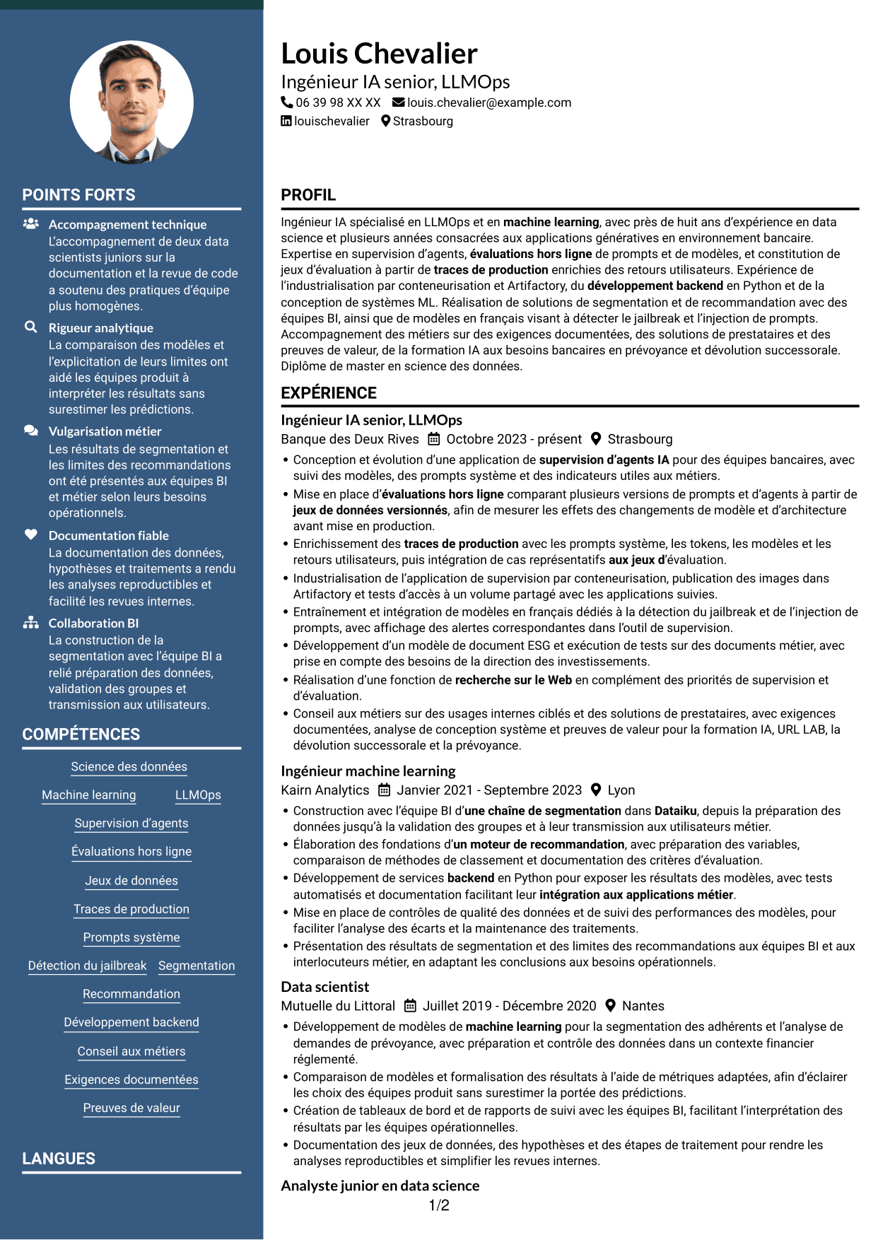 CV Élégant (format à colonne latérale colorée avec photo) : Ingénieur IA - LLMOps, page 1