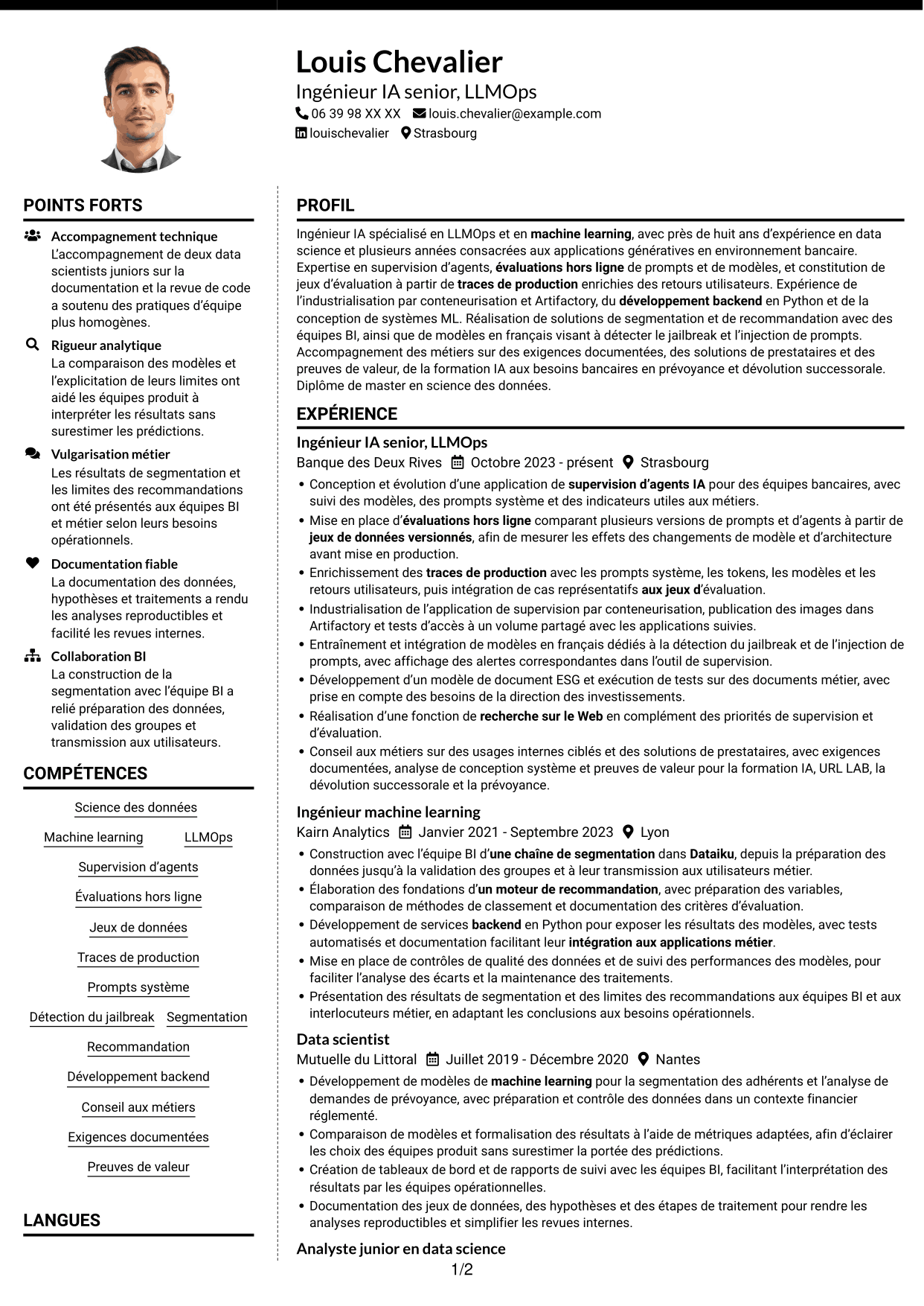 CV Moderne (format à deux colonnes avec photo à gauche et séparateur) : Ingénieur IA - LLMOps, page 1