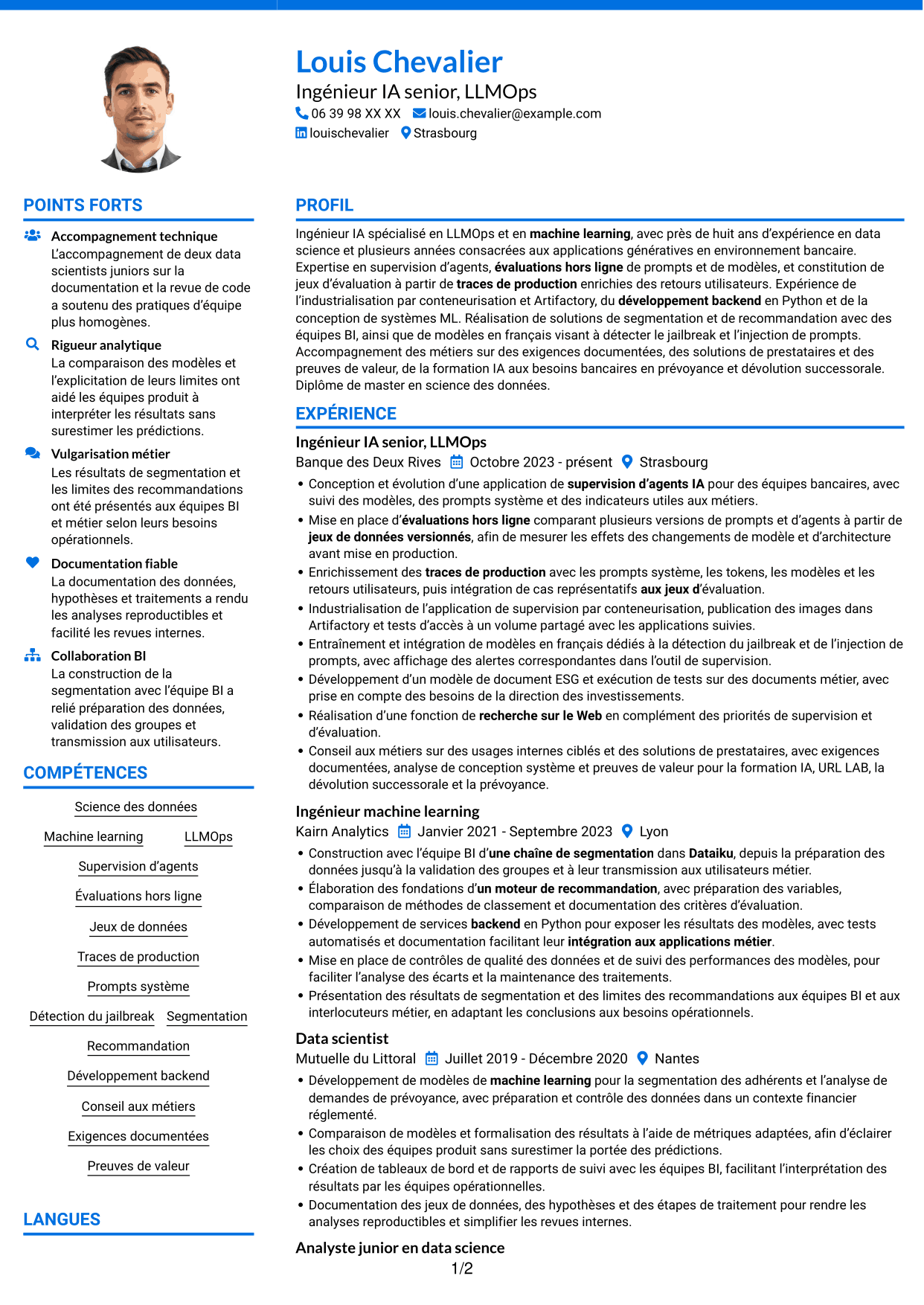 CV Audacieux (format à deux colonnes avec accents colorés et photo) : Ingénieur IA - LLMOps, page 1