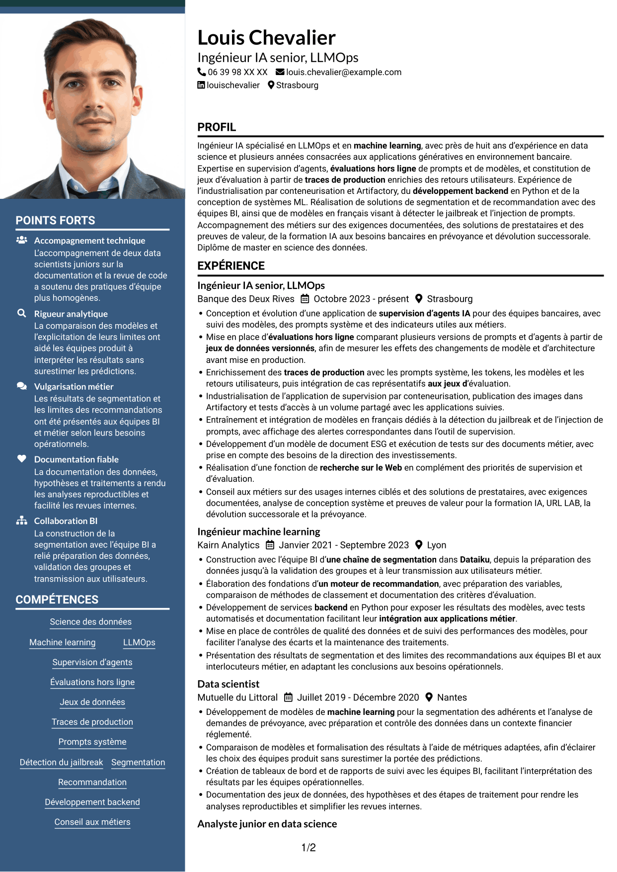 CV Signature (format à colonne latérale colorée avec grande photo) : Ingénieur IA - LLMOps, page 1
