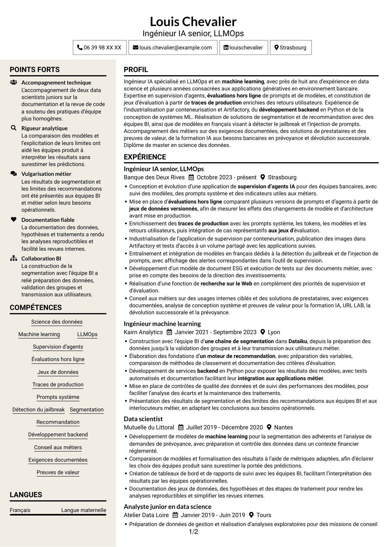CV Fonceur (format à deux colonnes avec en-tête centré sans photo) : Ingénieur IA - LLMOps, page 1