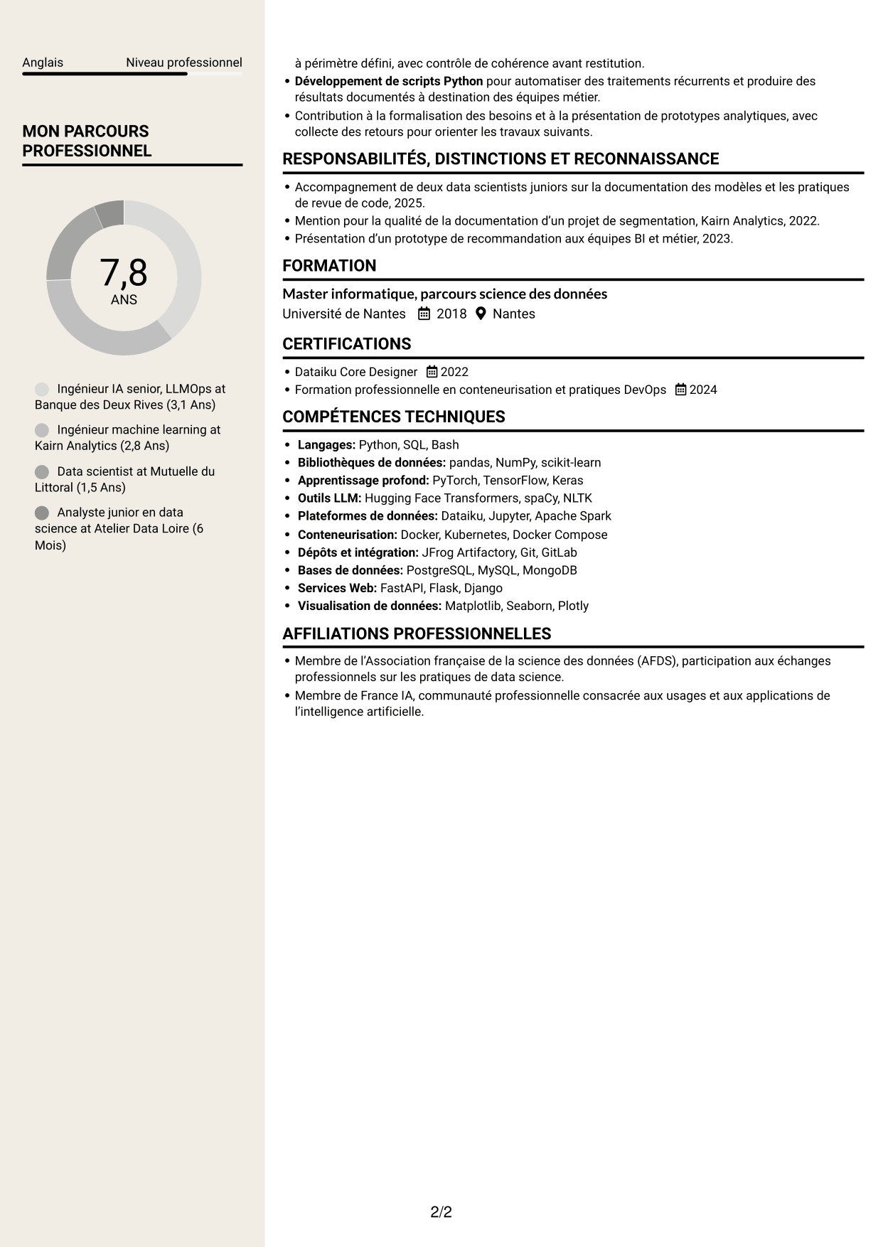 CV Fonceur (format à deux colonnes avec en-tête centré sans photo) : Ingénieur IA - LLMOps, page 2