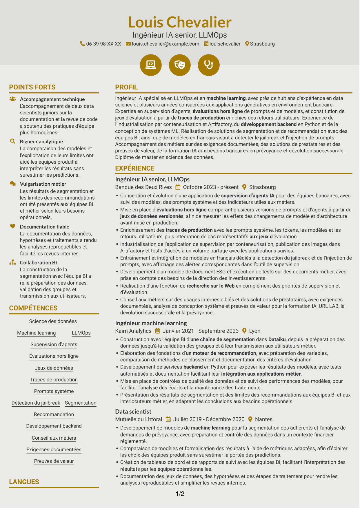 CV Dynamique (format à deux colonnes avec icônes) : Ingénieur IA - LLMOps, page 1