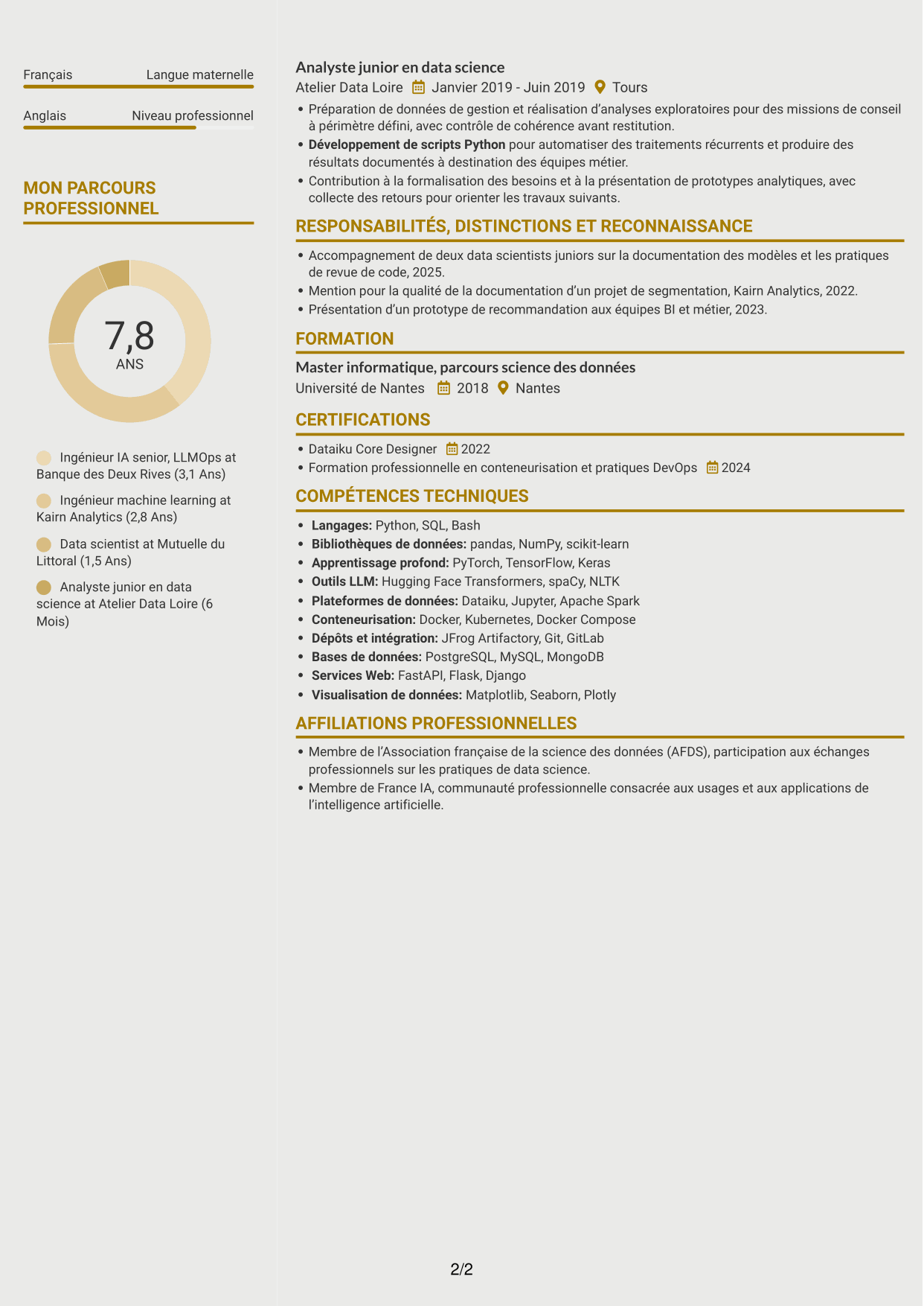 CV Dynamique (format à deux colonnes avec icônes) : Ingénieur IA - LLMOps, page 2