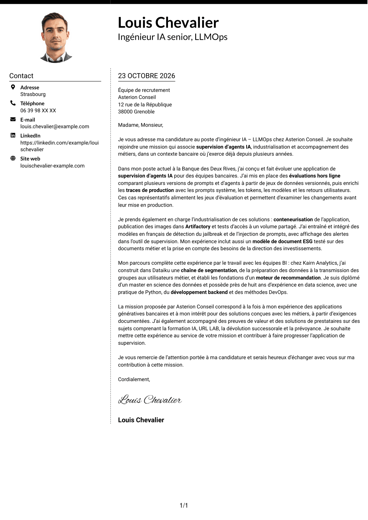 Lettre de motivation Moderne (format à deux colonnes avec photo à gauche et séparateur) : Ingénieur IA - LLMOps, page 1