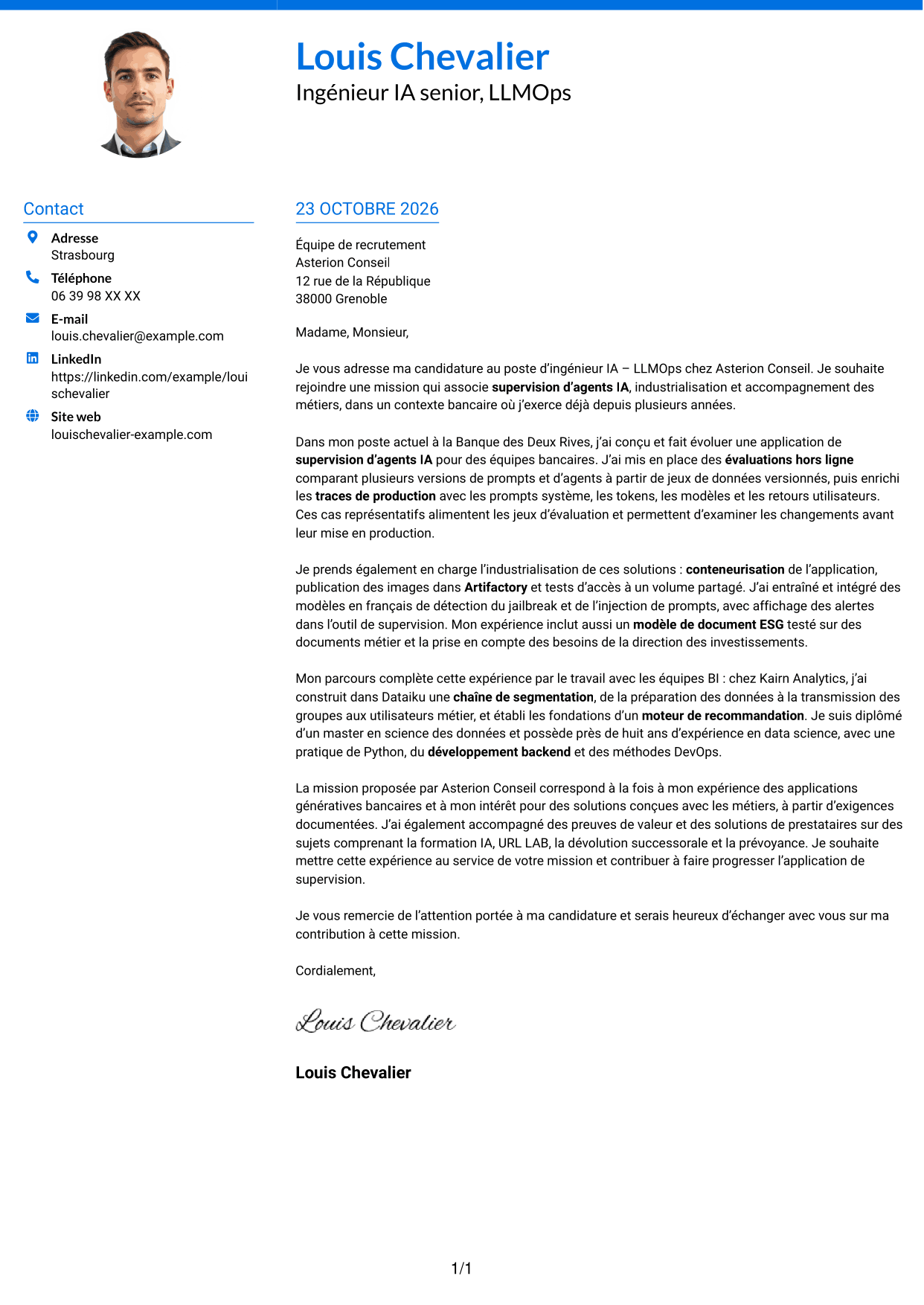 Lettre de motivation Audacieux (format à deux colonnes avec accents colorés et photo) : Ingénieur IA - LLMOps, page 1