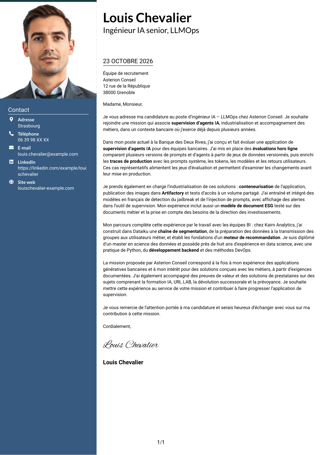 Lettre de motivation Signature (format à colonne latérale colorée avec grande photo) : Ingénieur IA - LLMOps, page 1
