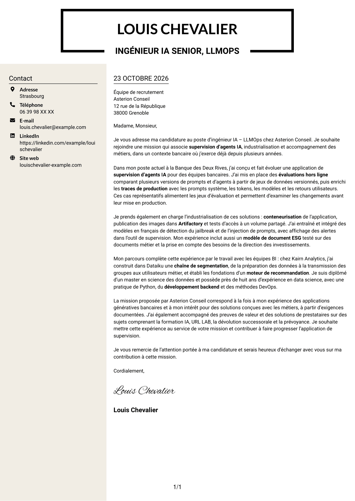 Lettre de motivation Fonceur (format à deux colonnes avec en-tête centré sans photo) : Ingénieur IA - LLMOps, page 1
