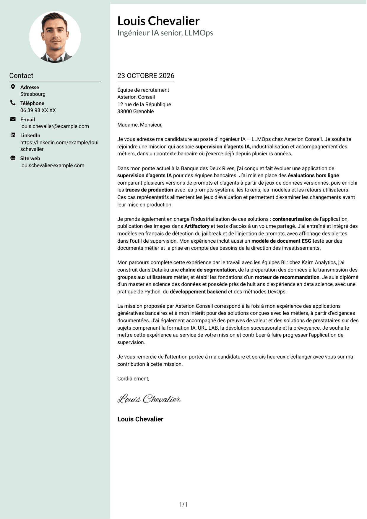 Lettre de motivation Cadre (format à colonne latérale douce avec photo arrondie) : Ingénieur IA - LLMOps, page 1