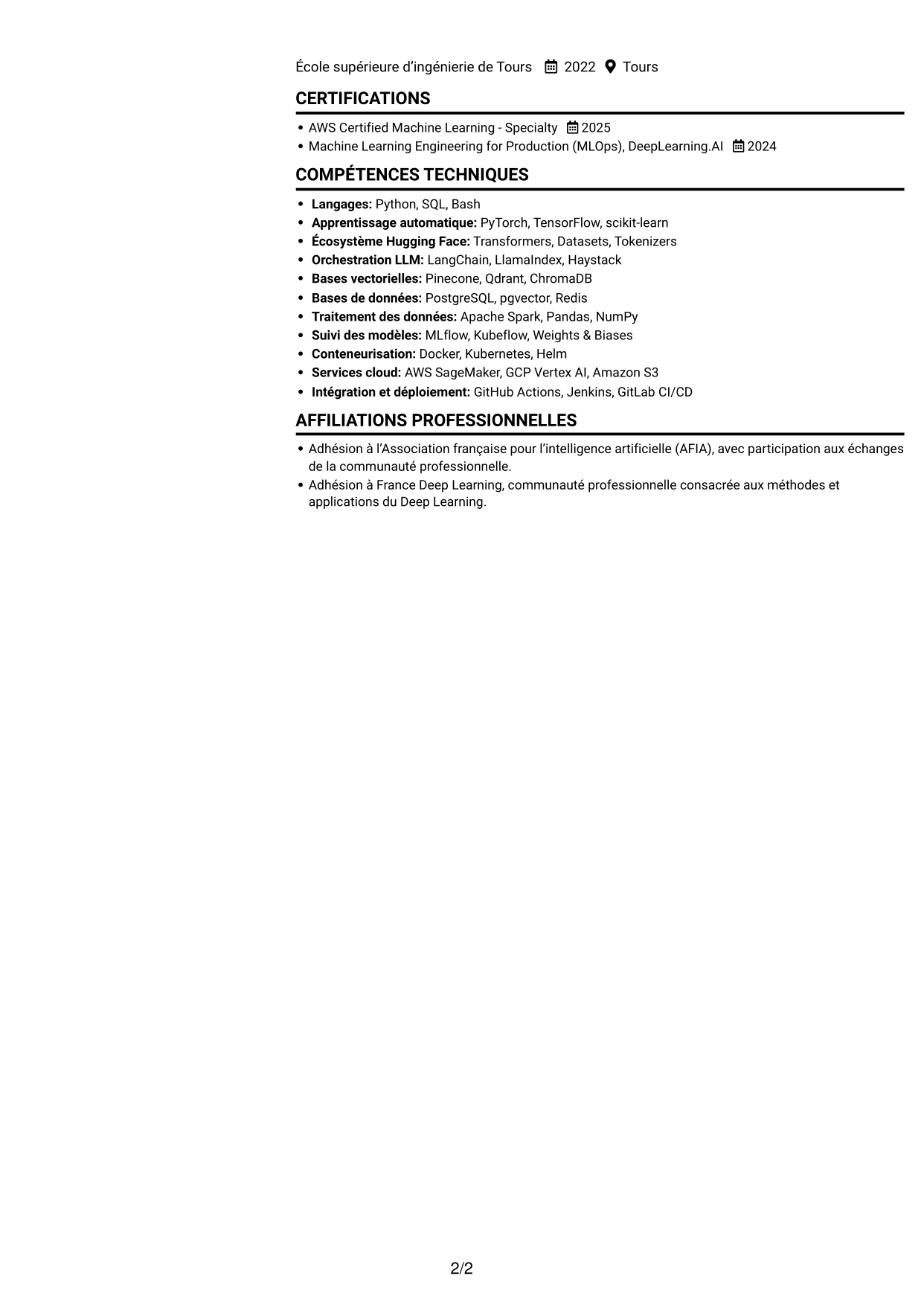 CV Compact (format sobre à deux colonnes avec photo) : Ingénieur IA - Machine Learning, page 2