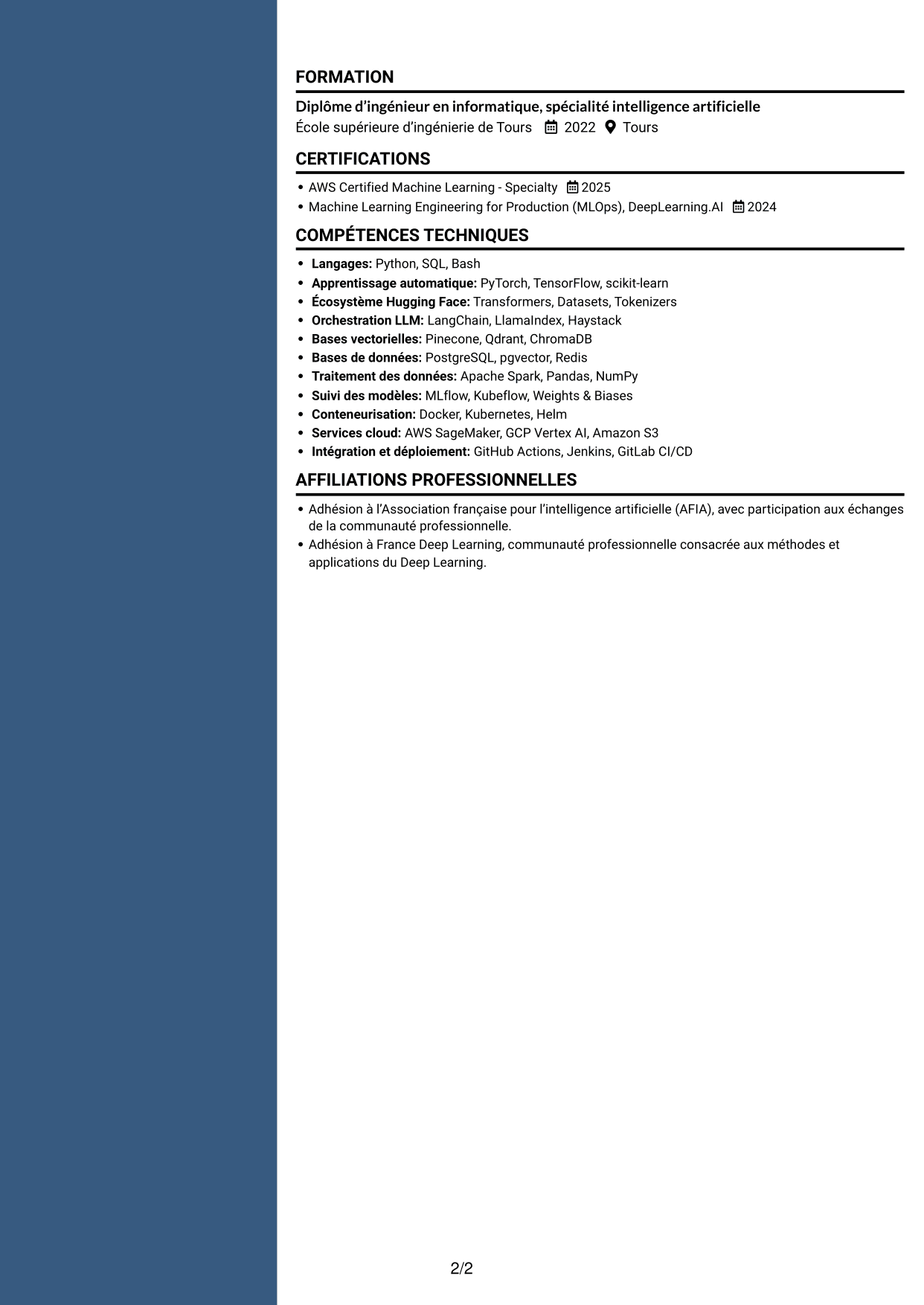 CV Élégant (format à colonne latérale colorée avec photo) : Ingénieur IA - Machine Learning, page 2
