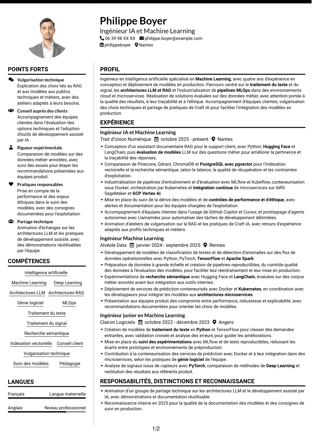 CV Moderne (format à deux colonnes avec photo à gauche et séparateur) : Ingénieur IA - Machine Learning, page 1