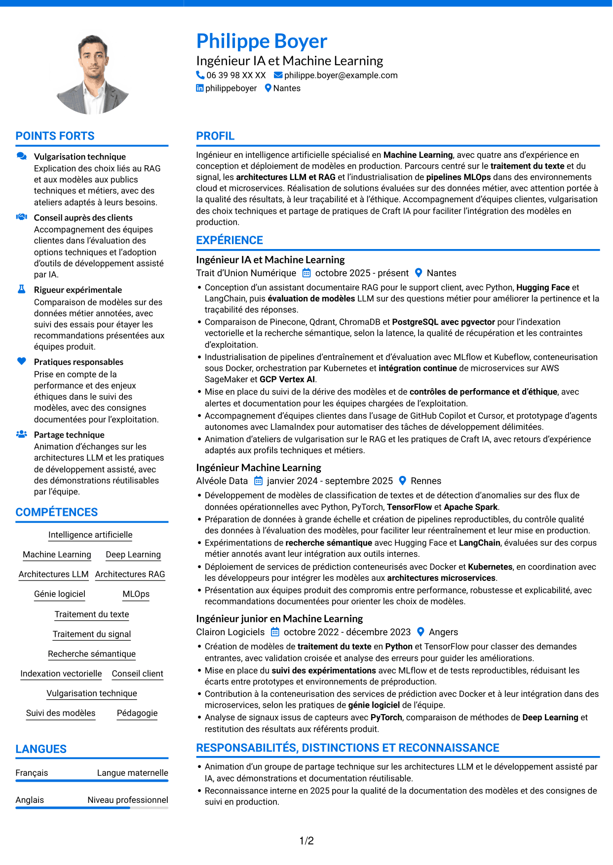 CV Audacieux (format à deux colonnes avec accents colorés et photo) : Ingénieur IA - Machine Learning, page 1