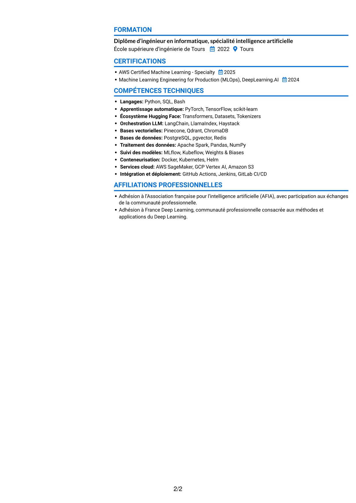 CV Audacieux (format à deux colonnes avec accents colorés et photo) : Ingénieur IA - Machine Learning, page 2