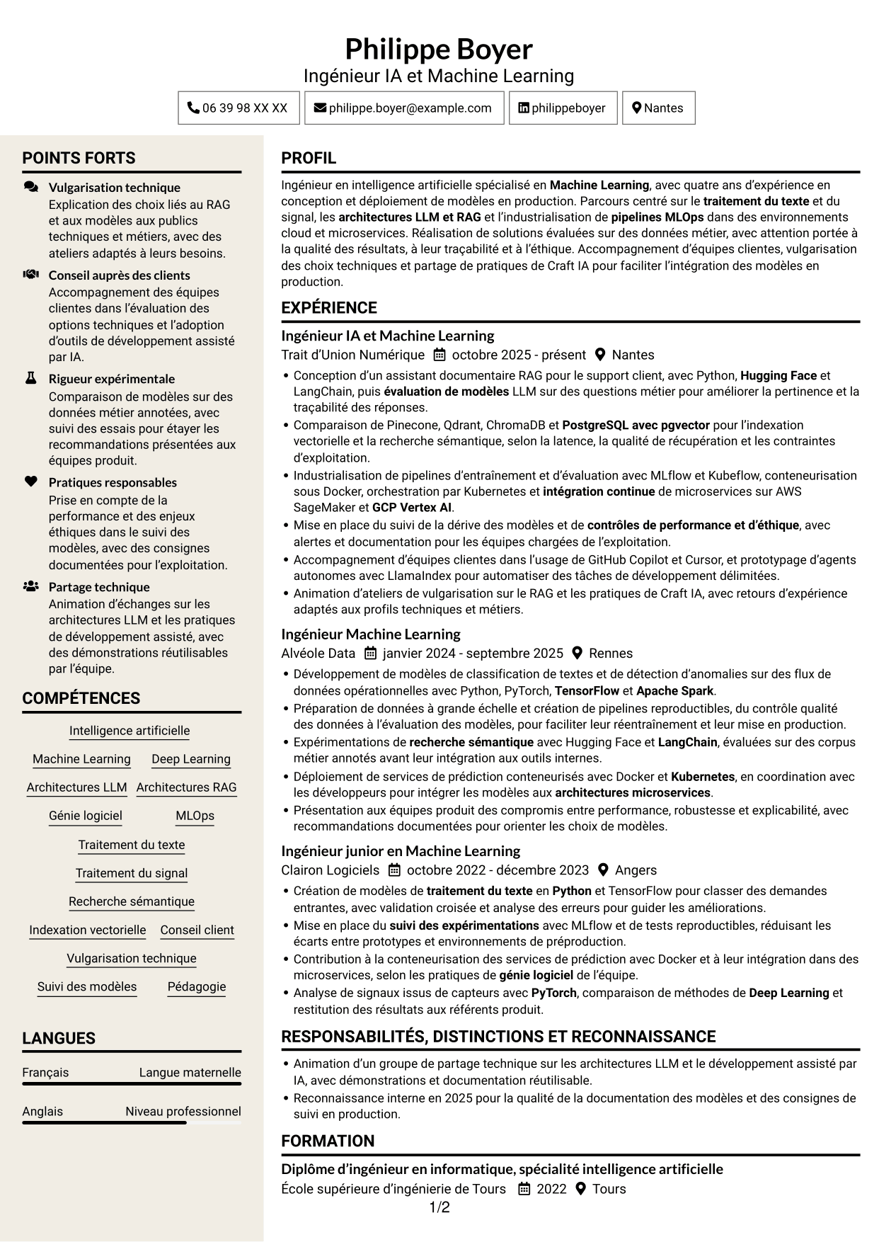 CV Fonceur (format à deux colonnes avec en-tête centré sans photo) : Ingénieur IA - Machine Learning, page 1