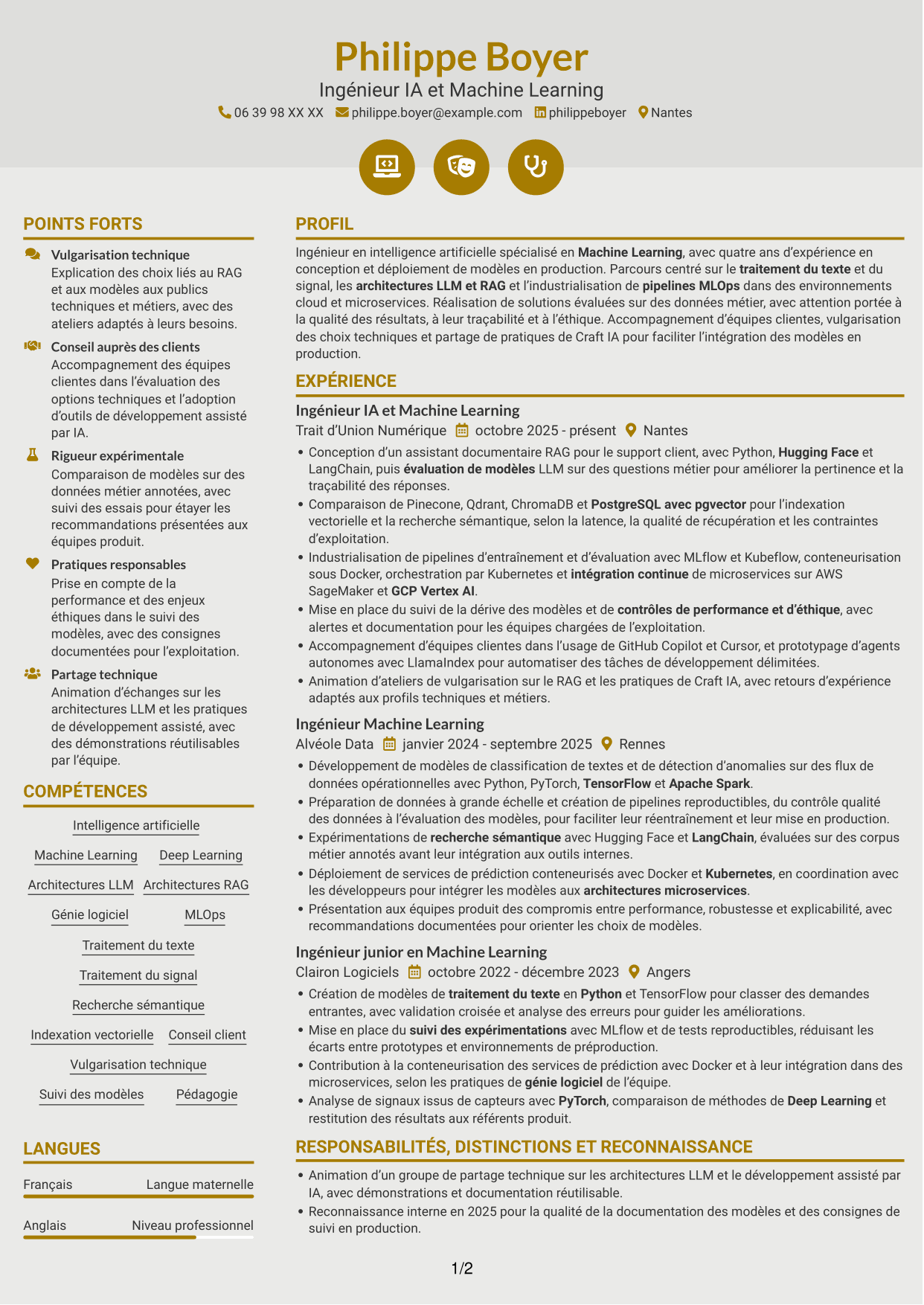 CV Dynamique (format à deux colonnes avec icônes) : Ingénieur IA - Machine Learning, page 1