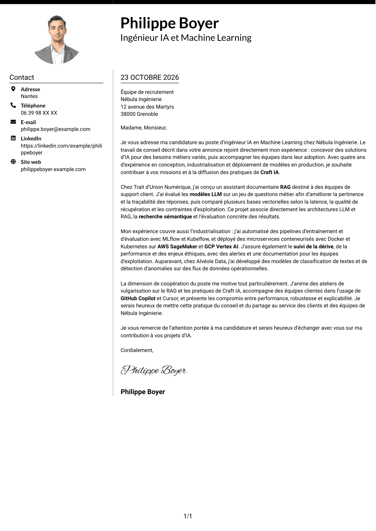Lettre de motivation Moderne (format à deux colonnes avec photo à gauche et séparateur) : Ingénieur IA - Machine Learning, page 1