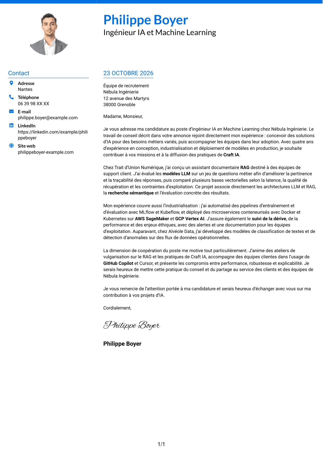 Lettre de motivation Audacieux (format à deux colonnes avec accents colorés et photo) : Ingénieur IA - Machine Learning, page 1