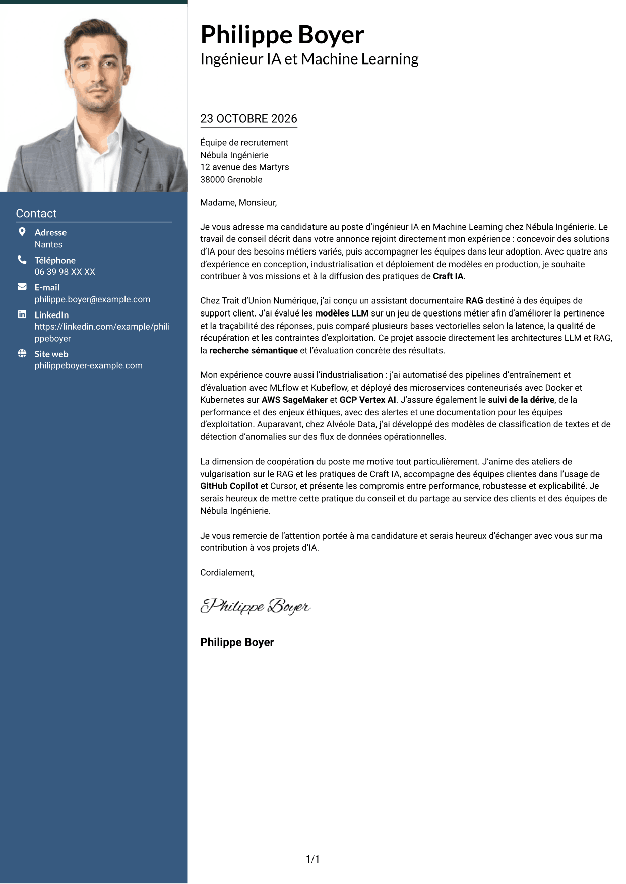 Lettre de motivation Signature (format à colonne latérale colorée avec grande photo) : Ingénieur IA - Machine Learning, page 1