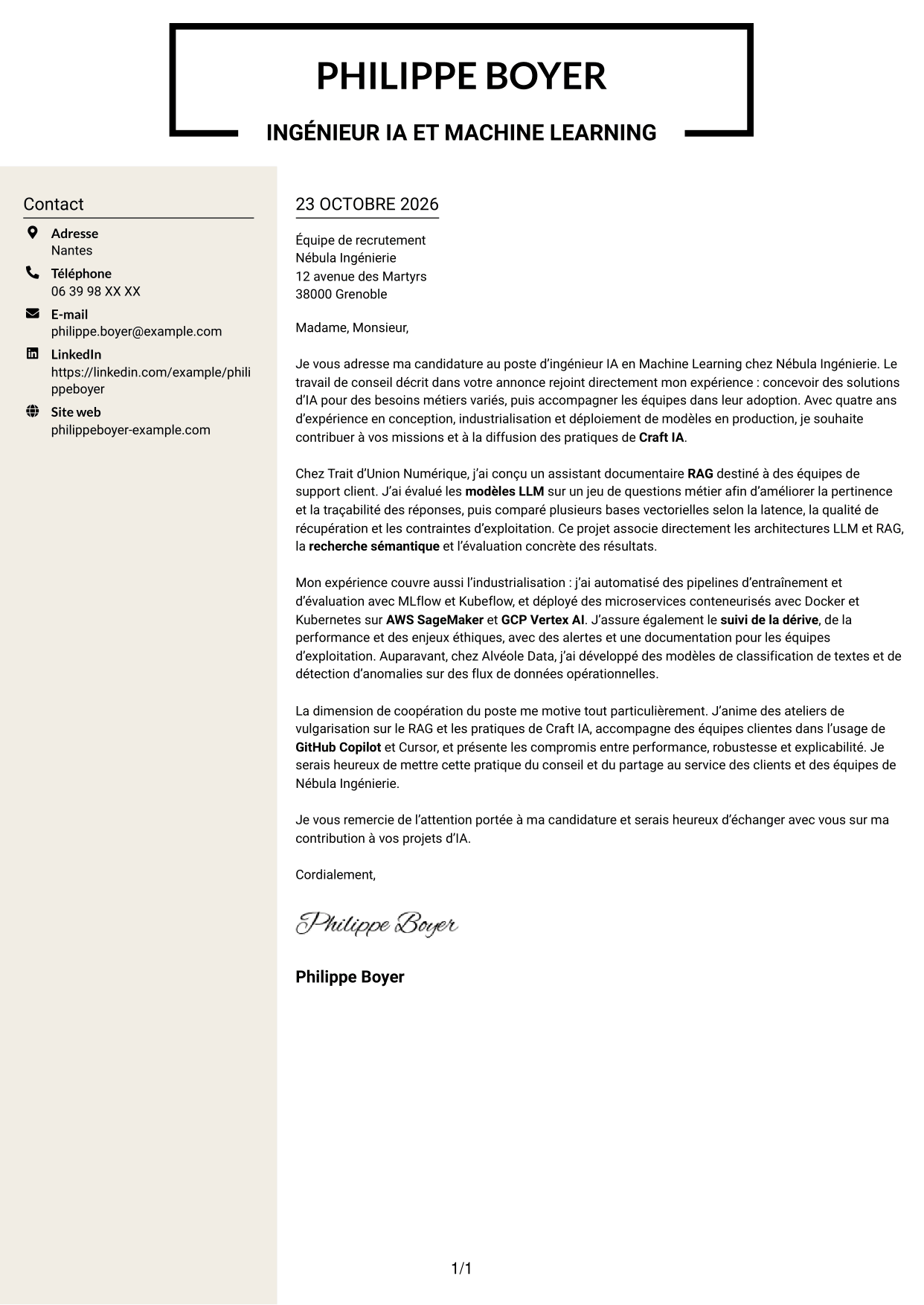 Lettre de motivation Fonceur (format à deux colonnes avec en-tête centré sans photo) : Ingénieur IA - Machine Learning, page 1