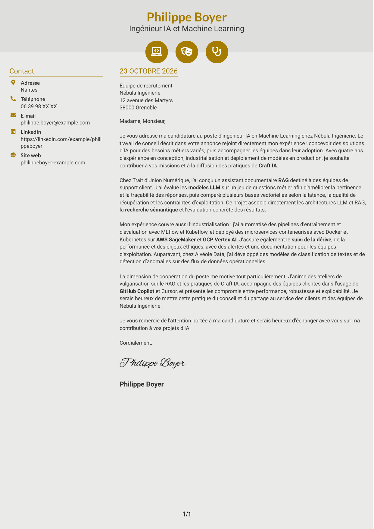 Lettre de motivation Dynamique (format à deux colonnes avec icônes) : Ingénieur IA - Machine Learning, page 1