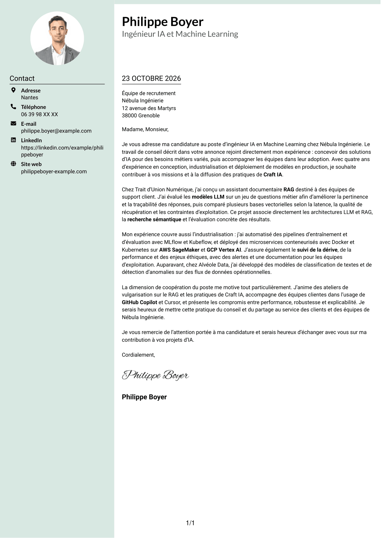 Lettre de motivation Cadre (format à colonne latérale douce avec photo arrondie) : Ingénieur IA - Machine Learning, page 1