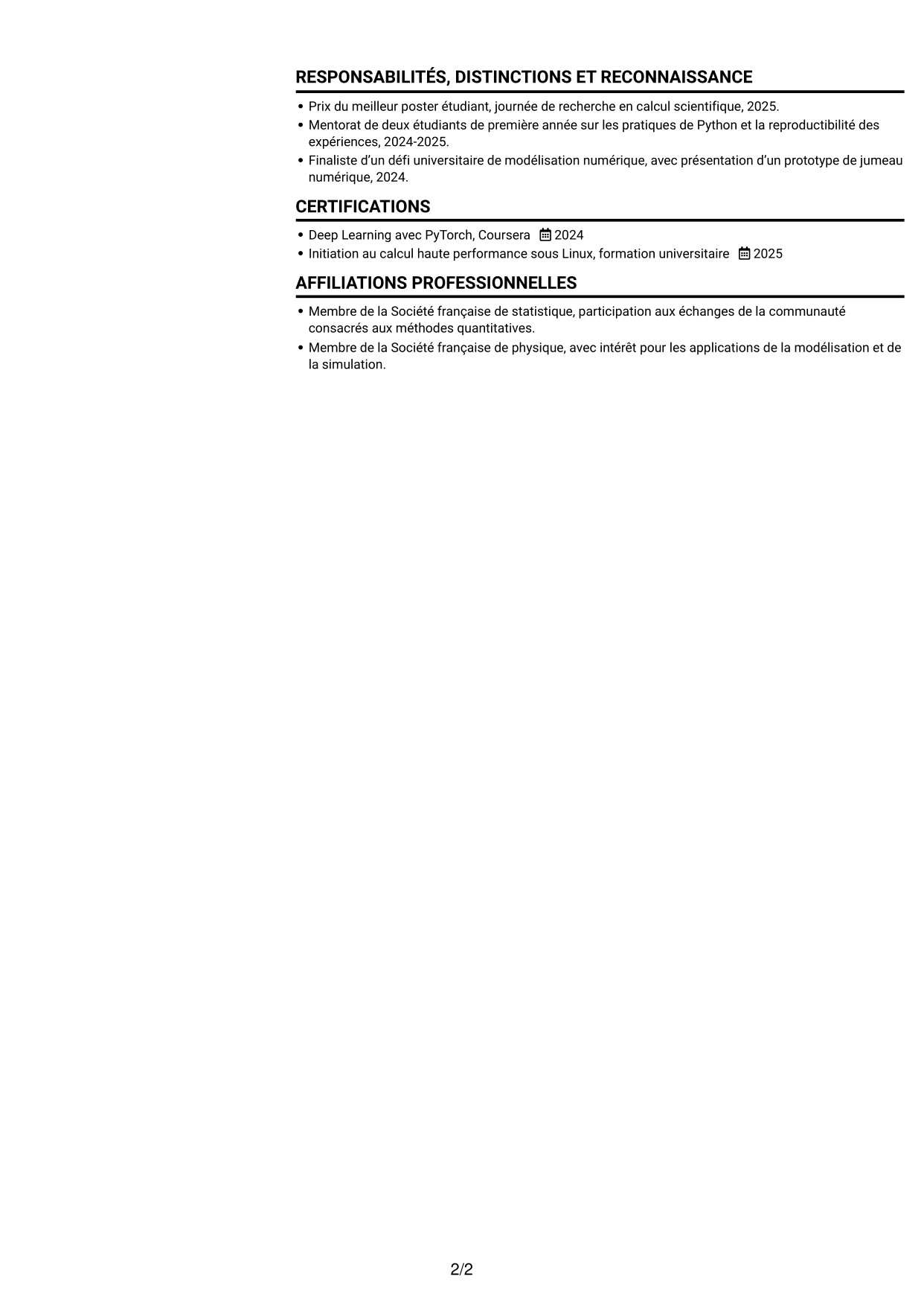 CV Compact (format sobre à deux colonnes avec photo) : Ingénieur IA R&D - Modélisation physique, page 2