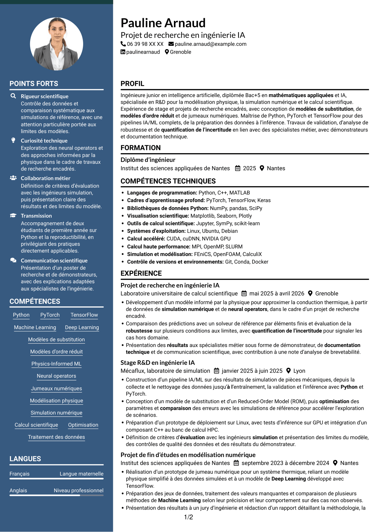 CV Élégant (format à colonne latérale colorée avec photo) : Ingénieur IA R&D - Modélisation physique, page 1