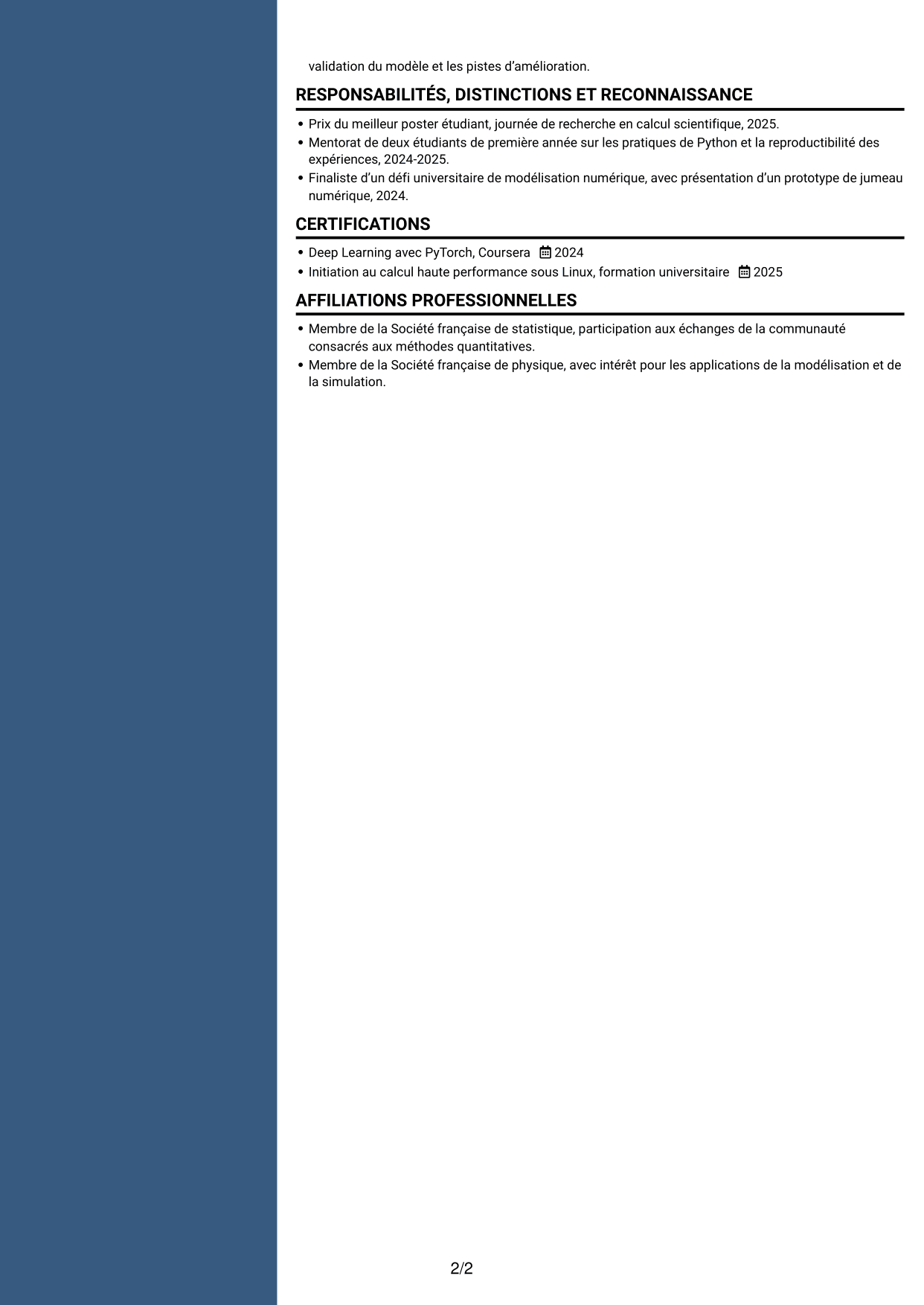 CV Élégant (format à colonne latérale colorée avec photo) : Ingénieur IA R&D - Modélisation physique, page 2