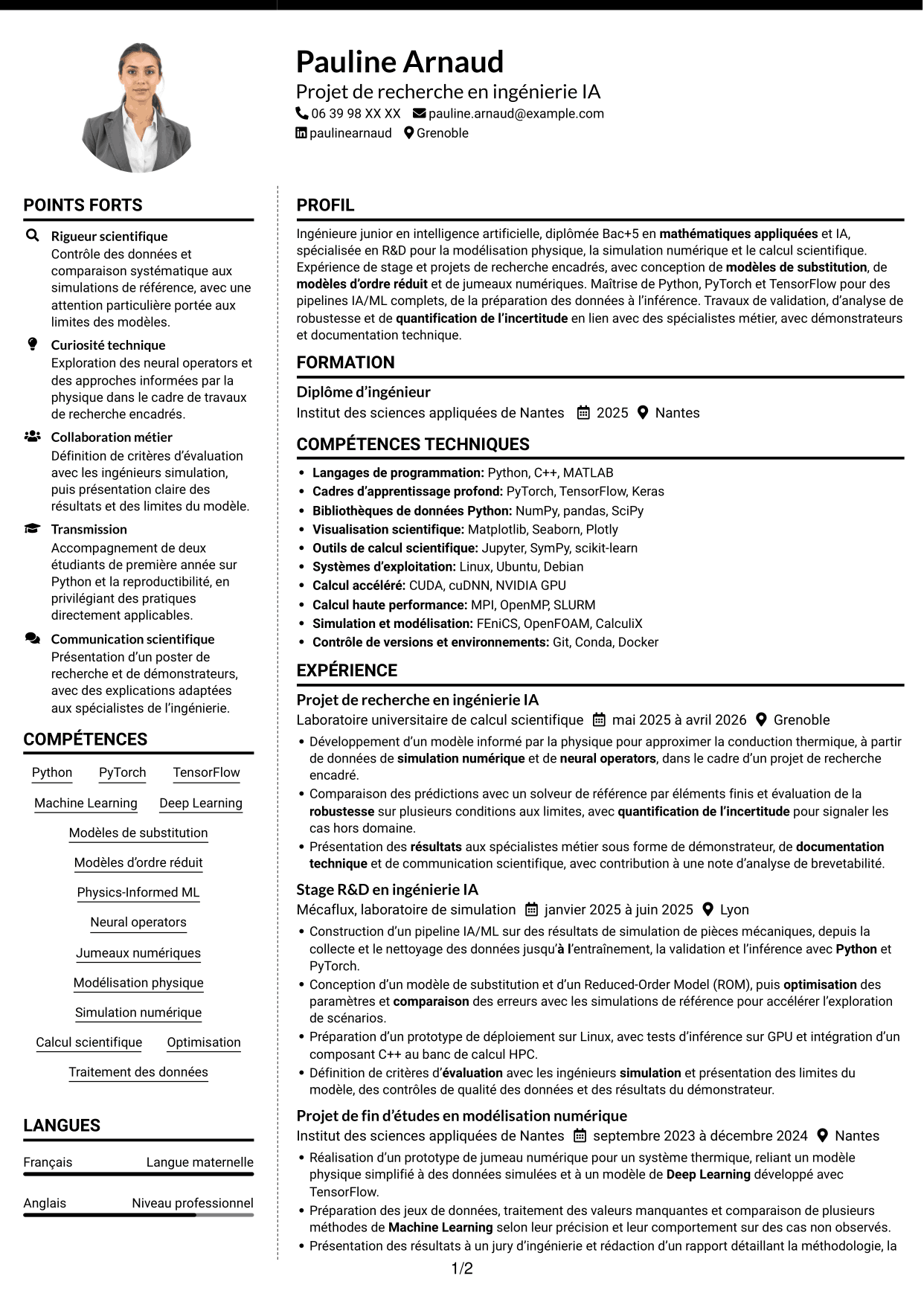 CV Moderne (format à deux colonnes avec photo à gauche et séparateur) : Ingénieur IA R&D - Modélisation physique, page 1